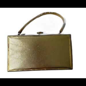 VTG 1950s Gold Hardcase Box Purse Clutch Ornate Filigree Dome Snap Closure